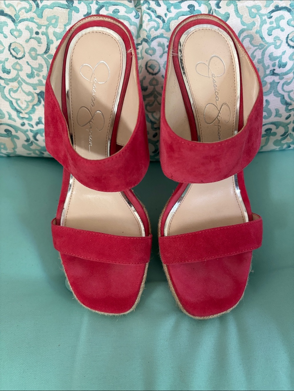 Jessica Simpson hot pink Suede Double Band Espadrille Wedges